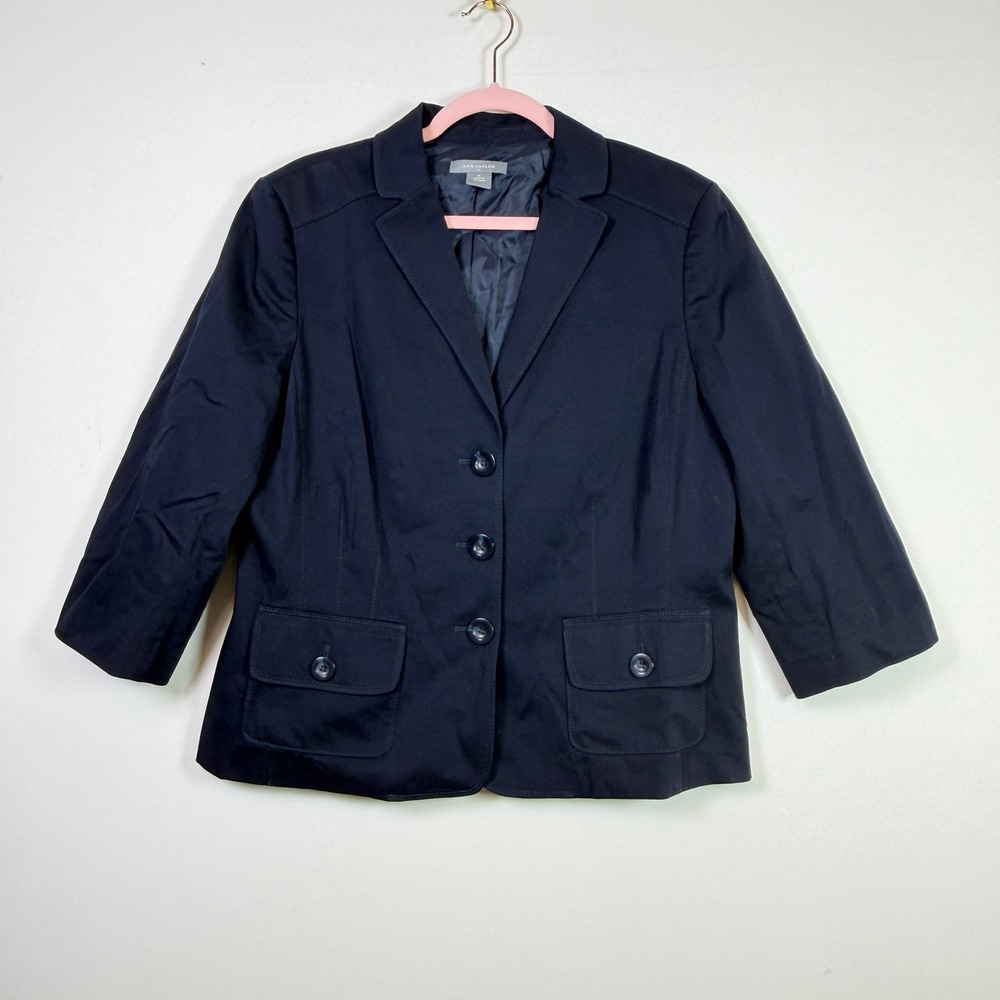ANN TAYLOR Navy Blue‎ Three Button Cropped Sleeve Pleated Back Blazer 16